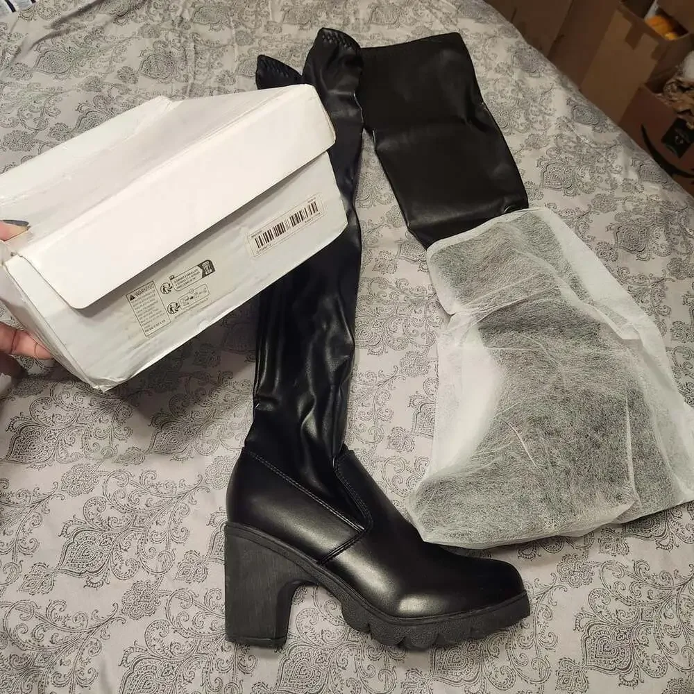 Women's Black PU Leather Over-the-Knee Chunky Block Heel Platform Boots